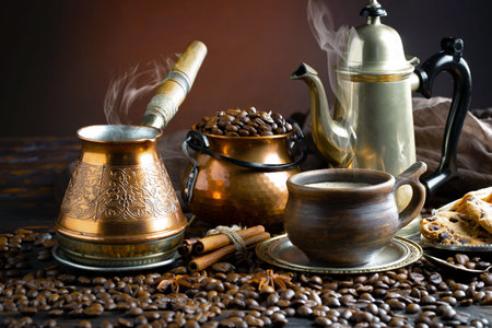 Black coffee on old background in composition with accessories on the table.の写真素材