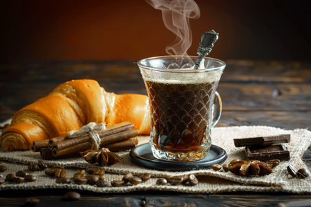 Coffee in a glass cup and croissants on a wooden tableの写真素材