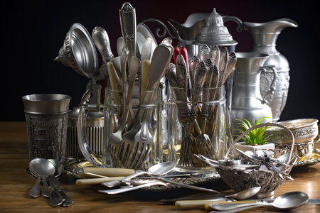 Vintage silverware and utensils on a wooden table.の写真素材