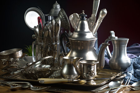 Vintage silverware on a wooden table with a dark background.の写真素材