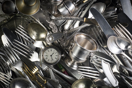 Vintage silver cutlery and cutlery as a backgroundの写真素材