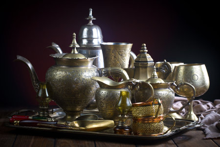 Tea set on the table in composition on the theme of oriental cuisineの写真素材