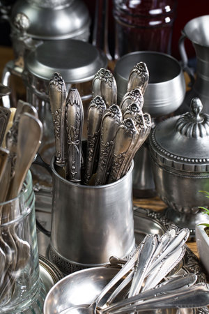 Vintage silverware in a flea market, close-upの写真素材