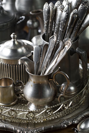 Vintage silverware and utensils in oriental style.の写真素材