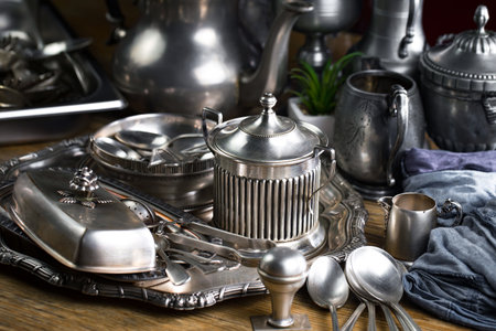 Antique silverware on a wooden table. Vintage kitchen utensils.の写真素材