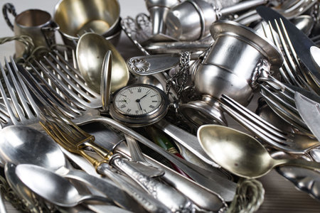 Vintage silverware on a white background. Close-up.の写真素材