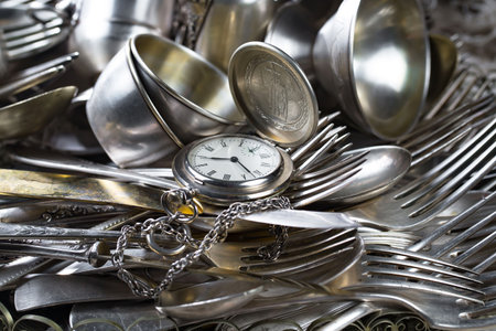 Vintage silverware in a flea market, close-upの写真素材