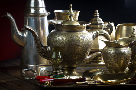 Vintage brass tea set on a dark background. Selective focus.の写真素材