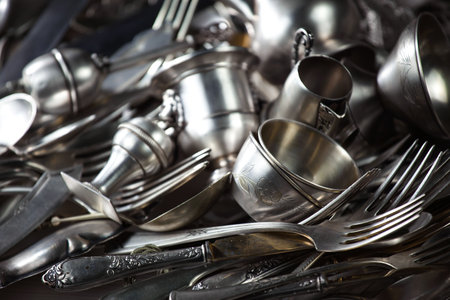 Vintage silverware in a flea market. Selective focus.の写真素材