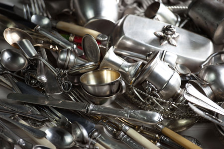 Old kitchen utensils in a flea market, close upの写真素材