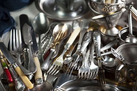 Vintage silverware and utensils on table, closeupの写真素材