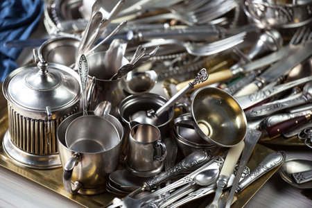 Vintage kitchen utensils on the table. Selective focus.の写真素材