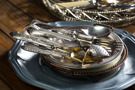 Vintage silverware and cutlery on a wooden table.の写真素材