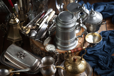Vintage silverware and utensils on an old wooden tableの写真素材