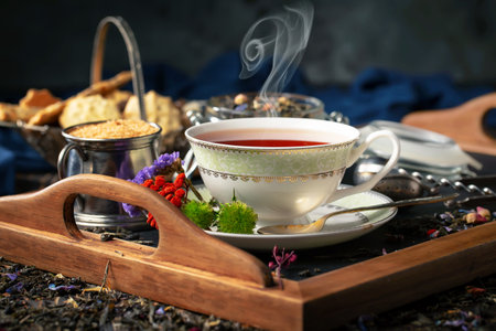 Tea hot drink on old background in composition with accessories on the tableの写真素材
