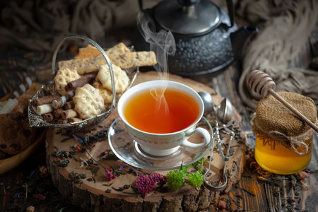 Tea hot drink on old background in composition with accessories on the tableの写真素材