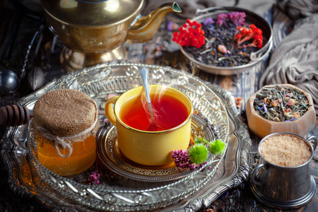 Tea hot drink on old background in composition on the table.Rustic styleの写真素材
