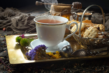 Tea hot drink on old background in composition on the table in studioの写真素材