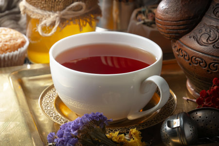 Tea hot drink on old background in composition with accessories on the tableの写真素材