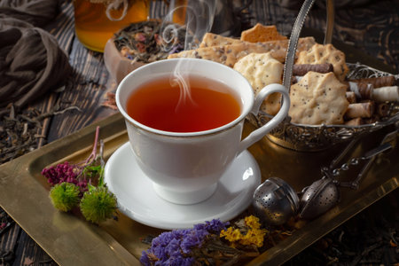 Tea hot drink on old background in composition on the theme of healthの写真素材