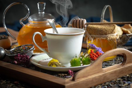 Tea hot drink on old background in composition on the table. Cosmeticsの写真素材
