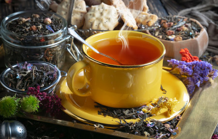 Tea in a cup on an old background. tinting. selective focusの写真素材