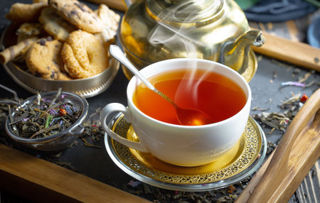 Tea hot drink on old background in composition with accessories on the tableの写真素材