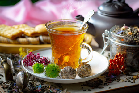 Tea hot drink on old background in composition on the theme of healthの写真素材