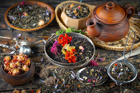 Dry tea leaves with flowers in a cup on a wooden tableの写真素材