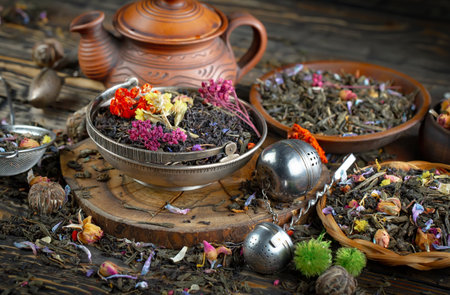 Tea composition on old background.Dried flowers,tea leaves and cupの写真素材