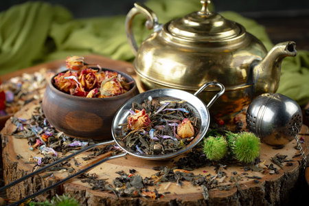 Tea hot drink on old background in composition with accessories on the tableの写真素材