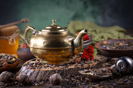 Tea composition on the table in composition with accessories on the old backgroundの写真素材