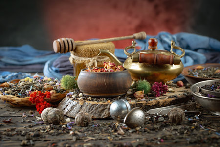 Tea composition on an old background in a composition with accessories on the tableの写真素材
