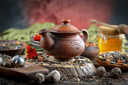 Tea composition on the table in composition on the theme of oriental teaの写真素材