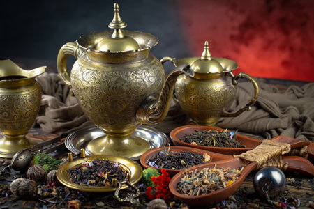 Tea hot drink on old background in composition with accessories on the tableの写真素材