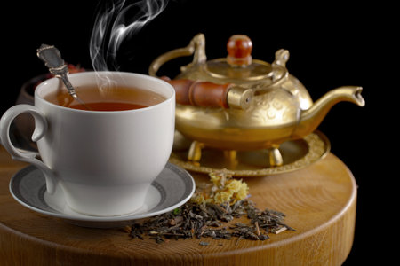 Tea hot drink on old background in composition on the theme of healthの写真素材