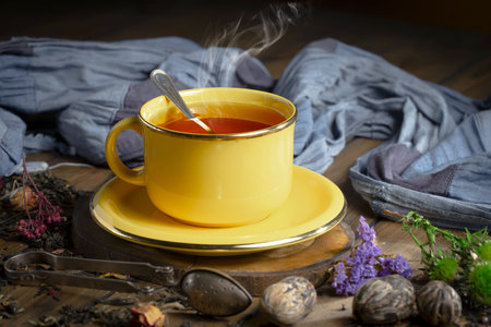 Tea hot drink on an old background in composition with accessories on the tableの写真素材