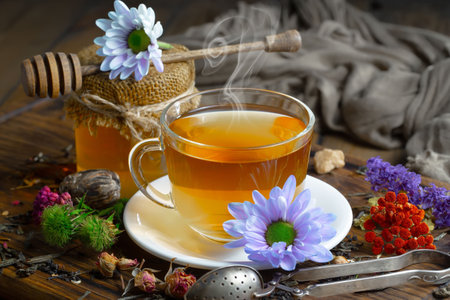 Tea hot drink on old background in composition on the theme of healthの写真素材