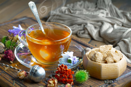 Tea hot drink on old background in composition on the theme of healthの写真素材