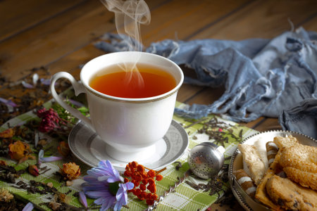 Tea in a cup on an old background in a composition with accessoriesの写真素材