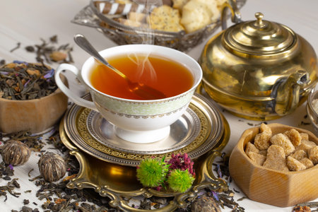 Tea hot drink on old background in composition on the theme of healthの写真素材