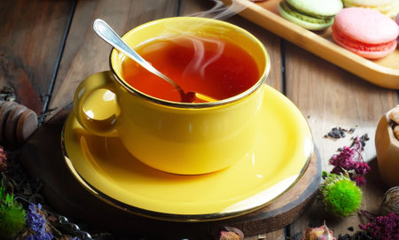 Tea in a cup on a wooden table. tinting. selective focusの写真素材