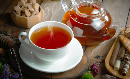 Tea in a cup on a wooden background. Tea in a teapot.の写真素材