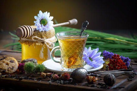Tea in a glass cup on an old background. Still life.の写真素材