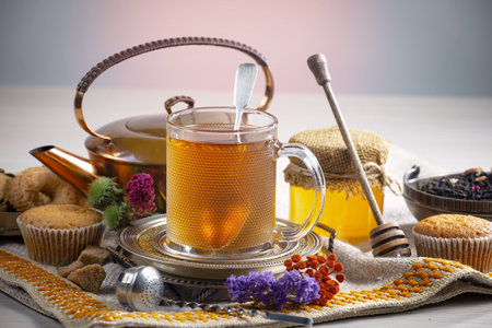Tea hot drink on old background in composition on the table, top viewの写真素材