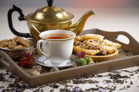 Tea in a cup and saucer on an old wooden tray.の写真素材