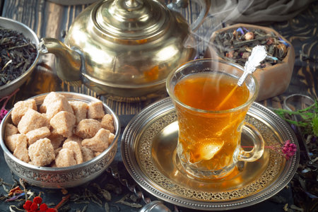 Tea hot drink on old background in composition on the theme of healthの写真素材