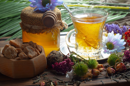 Cup of tea with honey and flowers on the wooden table.の写真素材