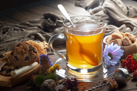 Tea hot drink on old background in composition on the theme of healthの写真素材