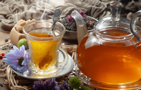 Tea hot drink on old background in composition on the theme of healthの写真素材